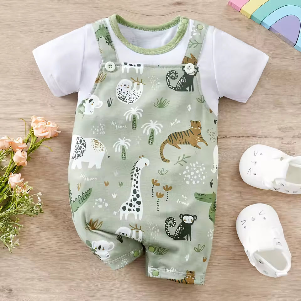 Newborn Baby Faux Two-Piece Bodysuit Zoo Animals
