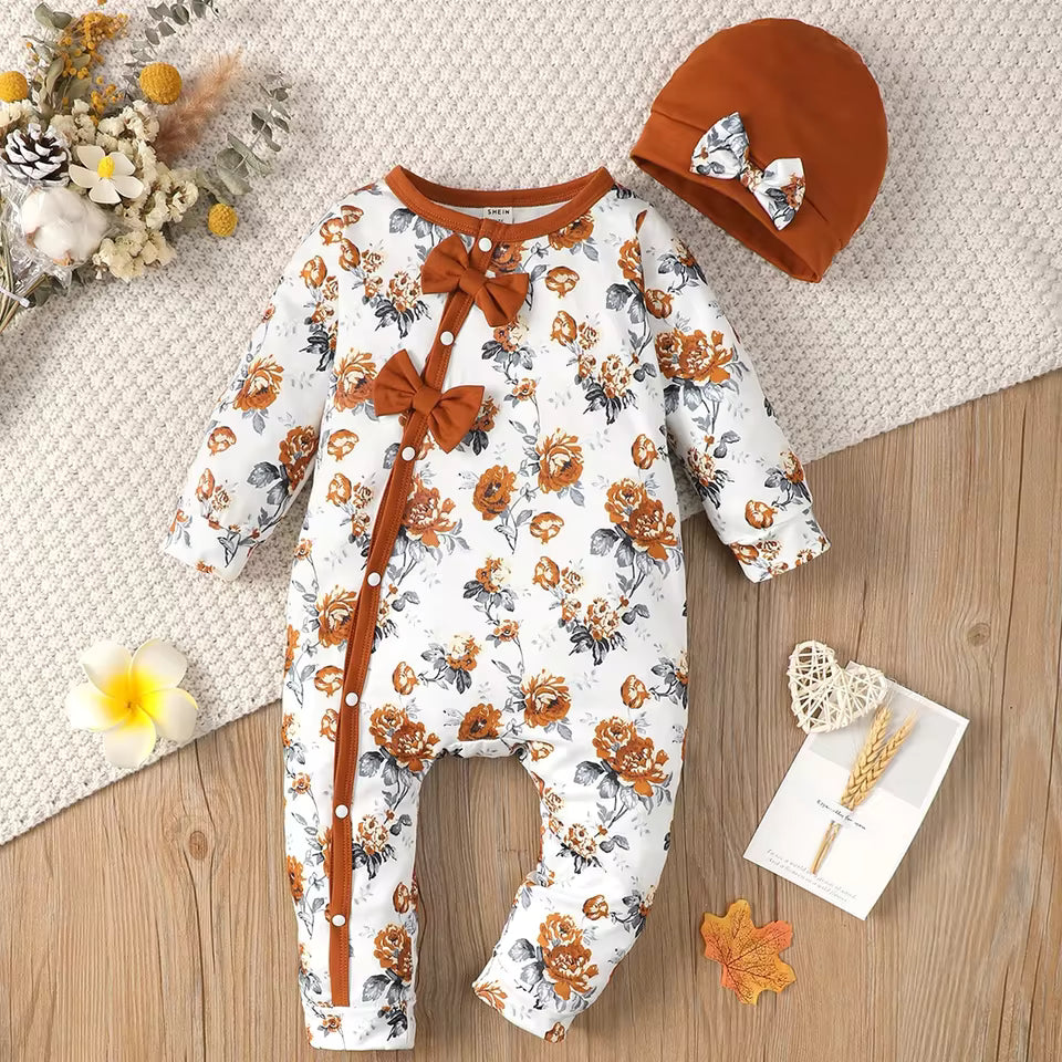 floral full print long sleeved Bodysuit+Hat